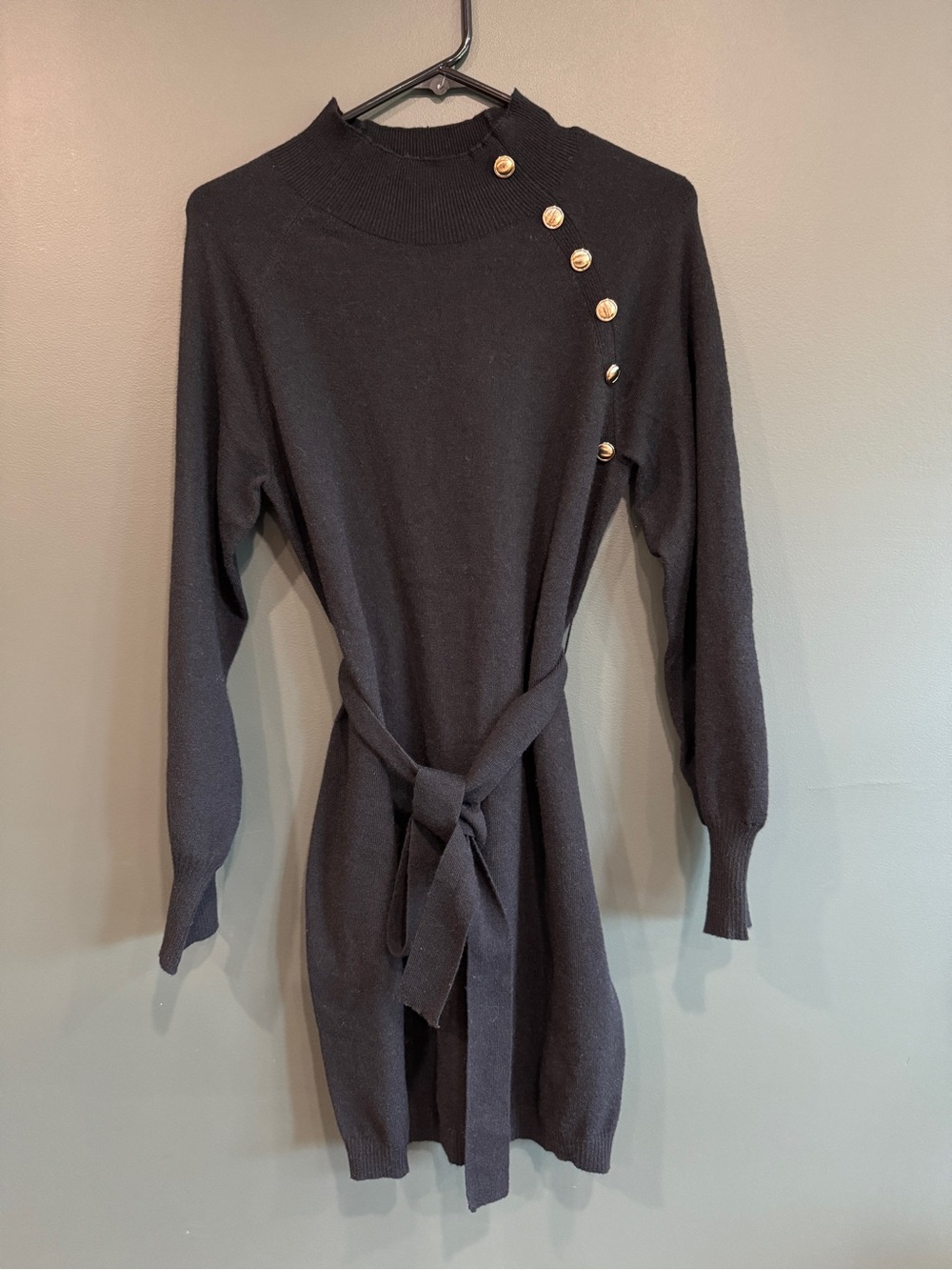 Cupshe Black Knit Long-Sleeve Button-Accent Belted Dress